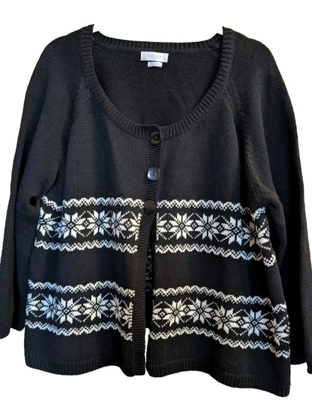 Van Heusen Womens 3 Button Cardigan Size XXL Black Snowflake Ski Lodge CabinCore